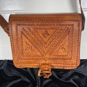 Vintage Hand Tooled Small  Leather Purse with Adjustable Carrying Strap
